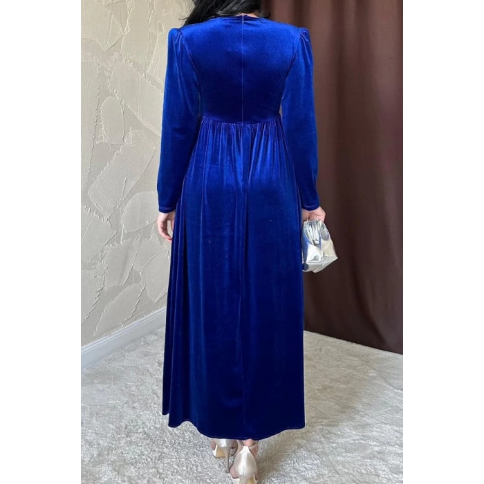 Saks Göğüs Altı Taşlı Elbise