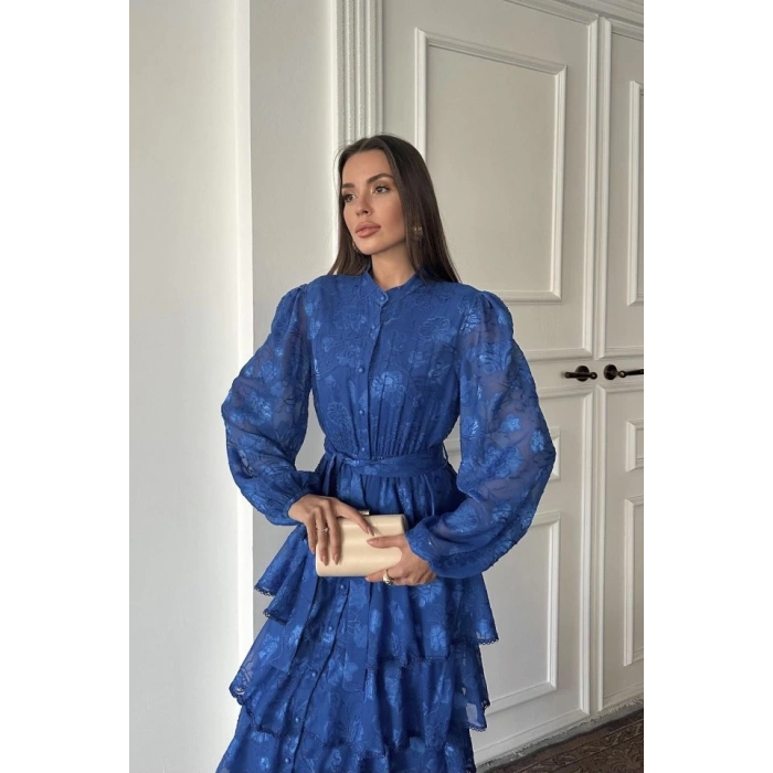 Saks Valonlu Şeritli Kat Kat Elbise