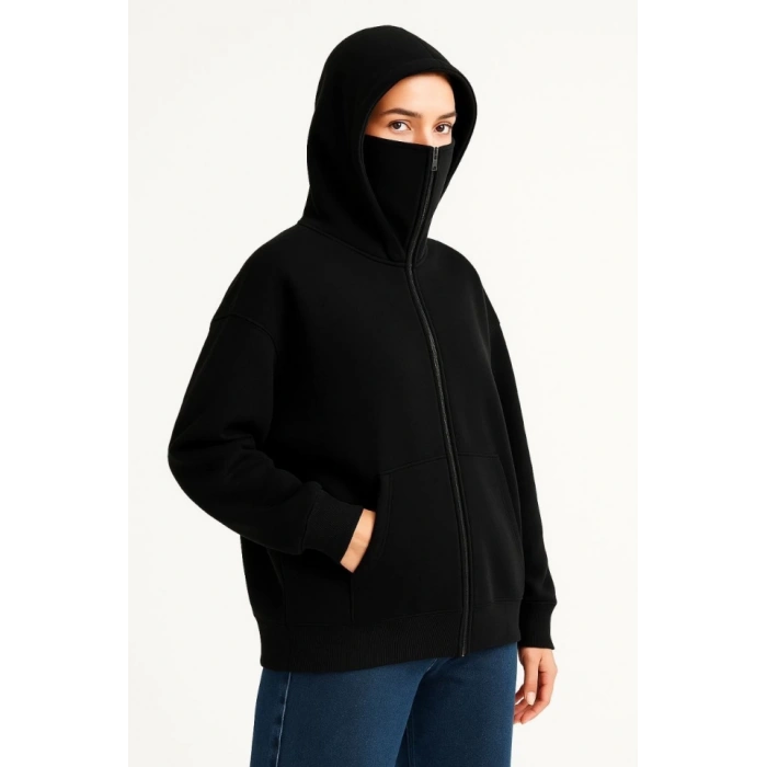 Samuray Ninja Çift Kapşonlu ZIP Fermuarlı Kanguru Çepli Hoodie Maske Detaylı Swetshirt - Siyah