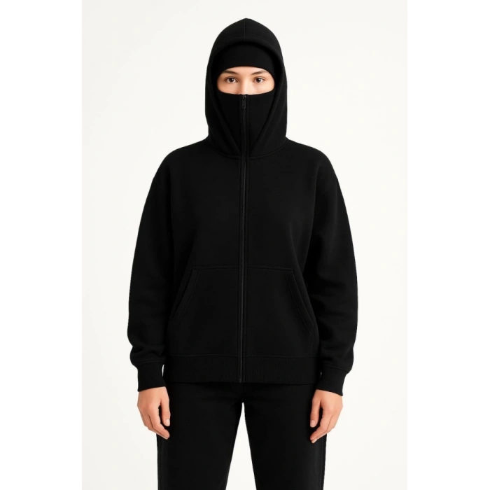Samuray Ninja Çift Kapşonlu ZIP Fermuarlı Kanguru Çepli Hoodie Maske Detaylı Swetshirt - Siyah