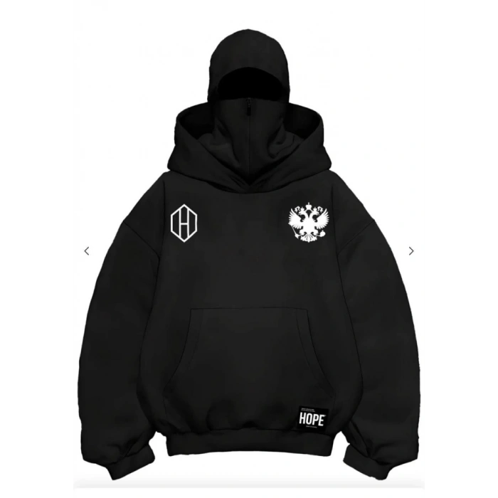 Samuray Ninja Çift Kapşonlu ZIP Fermuarlı Kanguru Çepli Tam Fermuarlı Hoodie ön Ve Arka Baskılı Maske Detaylı Swetshirt - Siyah