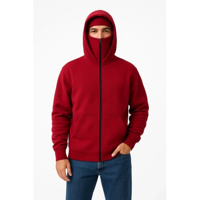 Samuray Ninja Çift Kapşonlu ZIP Fermuarlı Kanguru Çepli Tam Fermuarlı Hoodie Swetshirt - Kırmızı