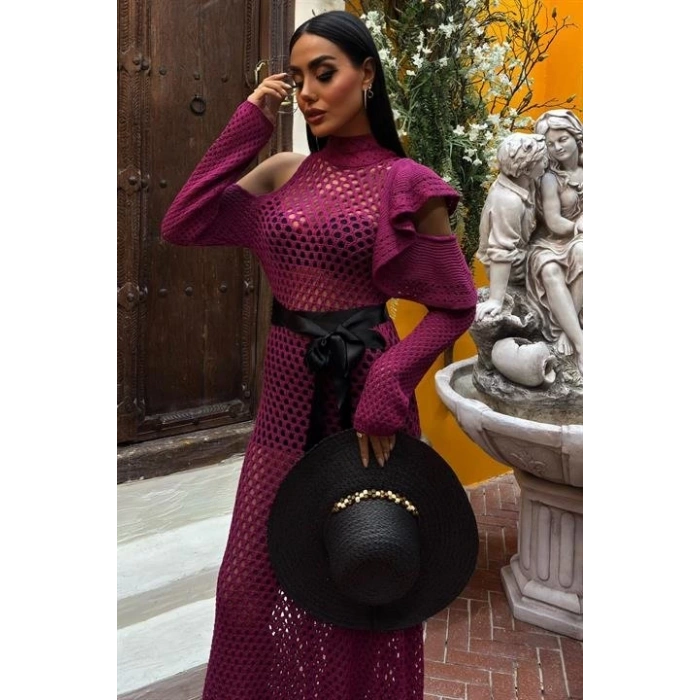 Saten Kuşaklı Ajurlu Triko Elbise 2847