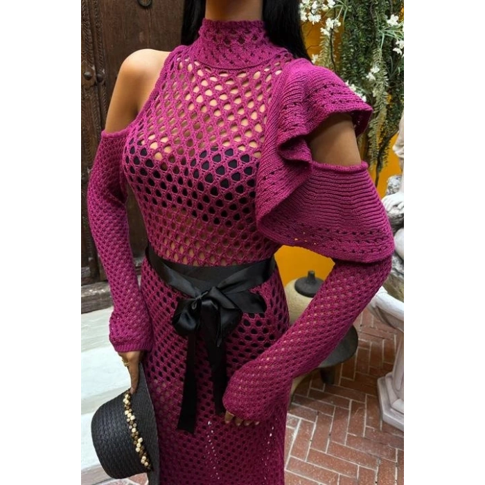 Saten Kuşaklı Ajurlu Triko Elbise 2847