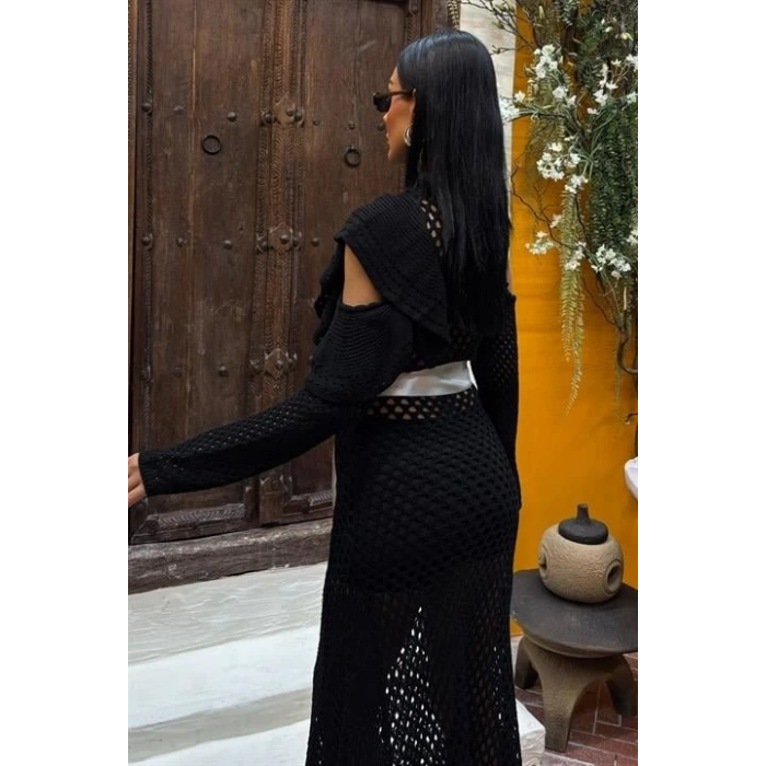 Saten Kuşaklı Ajurlu Triko Elbise 2847