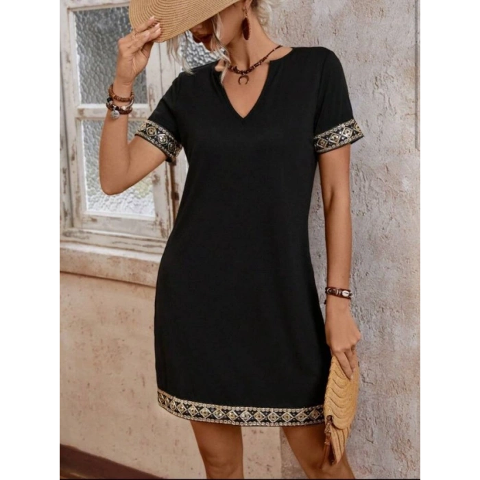 Şerit Detay V Yaka Yandan Cepli Viskon Elbise