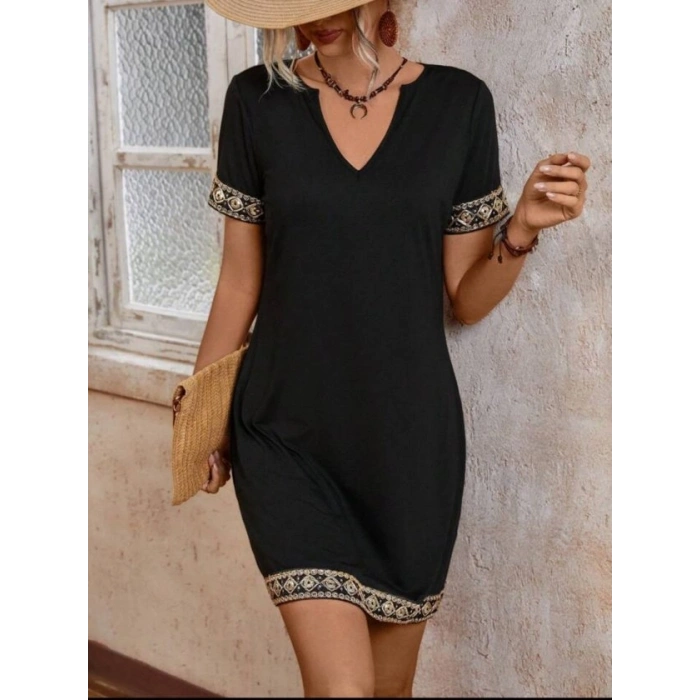 Şerit Detay V Yaka Yandan Cepli Viskon Elbise