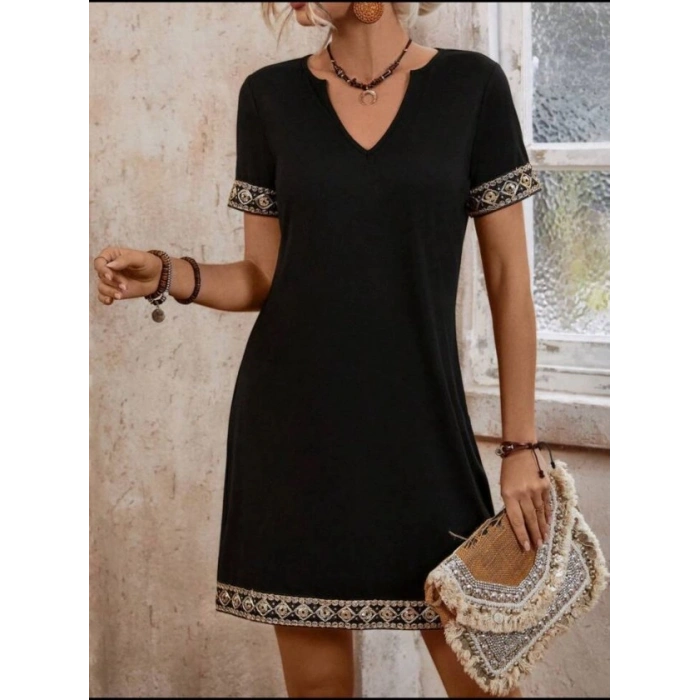 Şerit Detay V Yaka Yandan Cepli Viskon Elbise