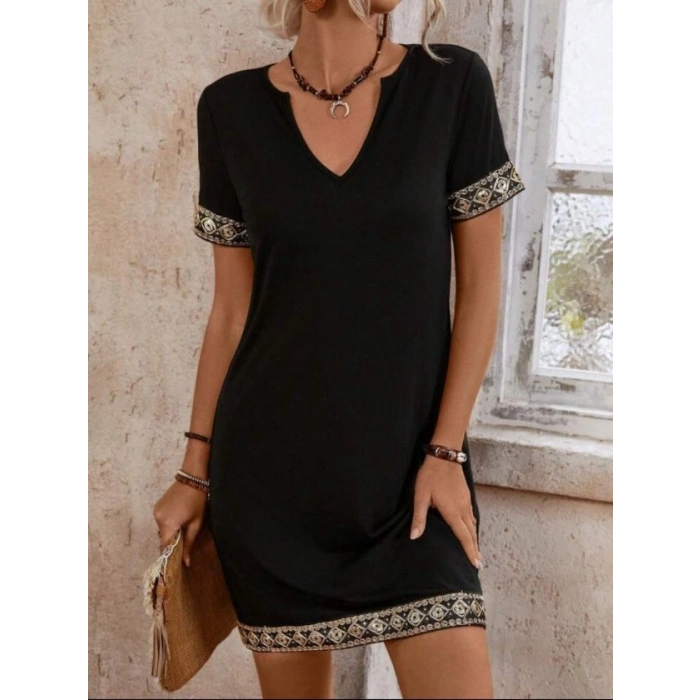 Şerit Detay V Yaka Yandan Cepli Viskon Elbise