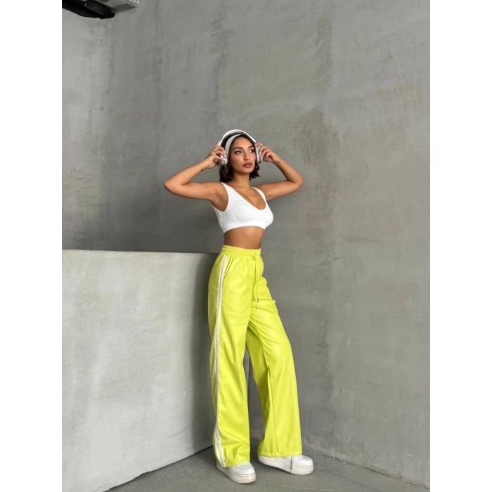 Şeritli deri pantolon yeşil h26430