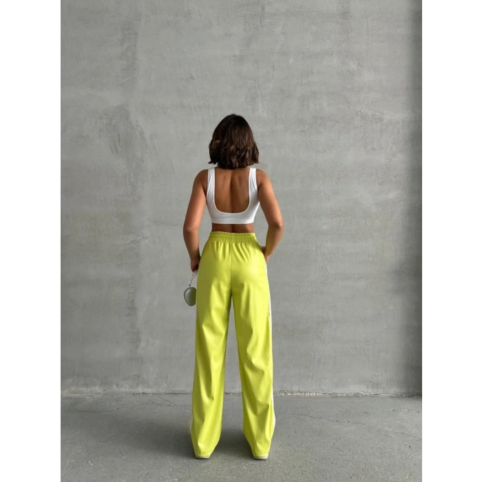 Şeritli deri pantolon yeşil h26430