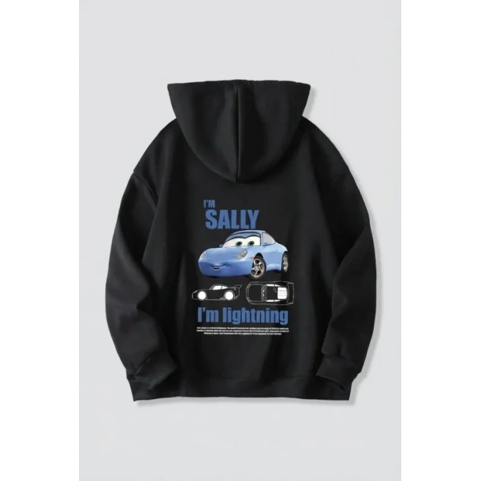 Sevgililer Günü Araba Temalı Baskılı Oversize Kapüşonlu Sweatshirt Hoodie - Siyah