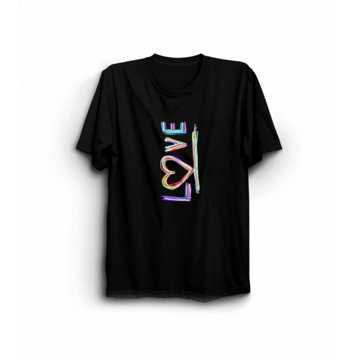 Sevgililer Günü İçin Özel Tasarım Love Baskılı T-shirt - Siyah
