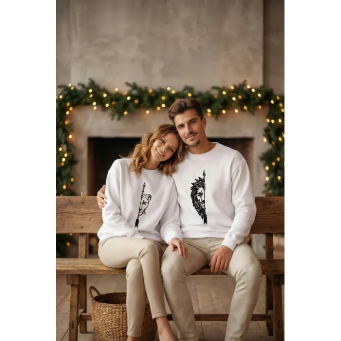 Sevgililer Günü Özel Bisiklet Yaka Aslan Baskılı Oversize Sweatshirt - Beyaz