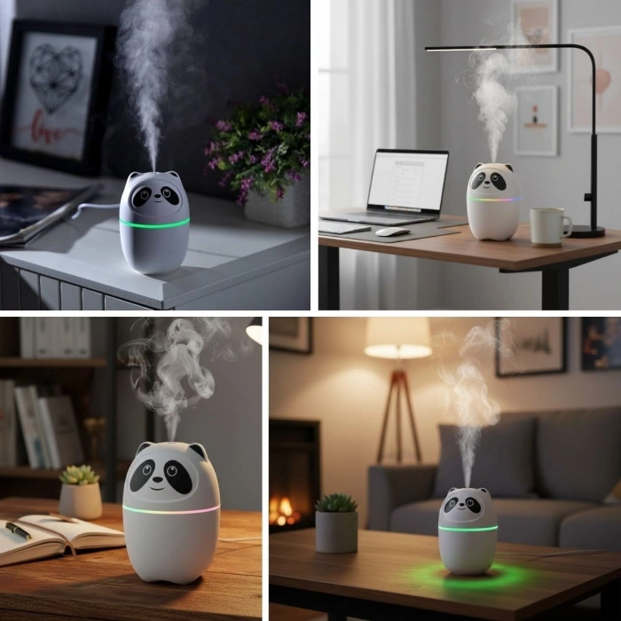 Sevimli Panda Figürlü Hava Nemlendirici – Ultrasonik Soğuk Buhar Makinesi, LED Işıklı Masaüstü Oda Nemlendirici (4940)