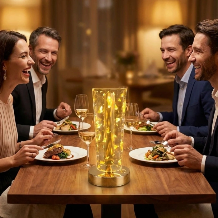 Silindirik Kristal Altın Toz Model LED Masa Lambası – Gold Tabanlı, Dokunmatik, 3 Renk Işık Modlu, Şarjlı Modern Dekoratif Gece Lambası (4940)