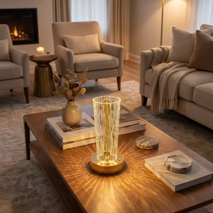 Silindirik Kristal Nokta Model LED Masa Lambası – Gold Tabanlı, Dokunmatik, 3 Renk Işık Modlu, Şarjlı Modern Dekoratif Gece Lambası (4940)