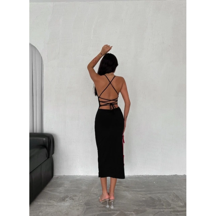 Sırt Bağlamalı Derin Yirtmaç Askılı Elbise - Siyah