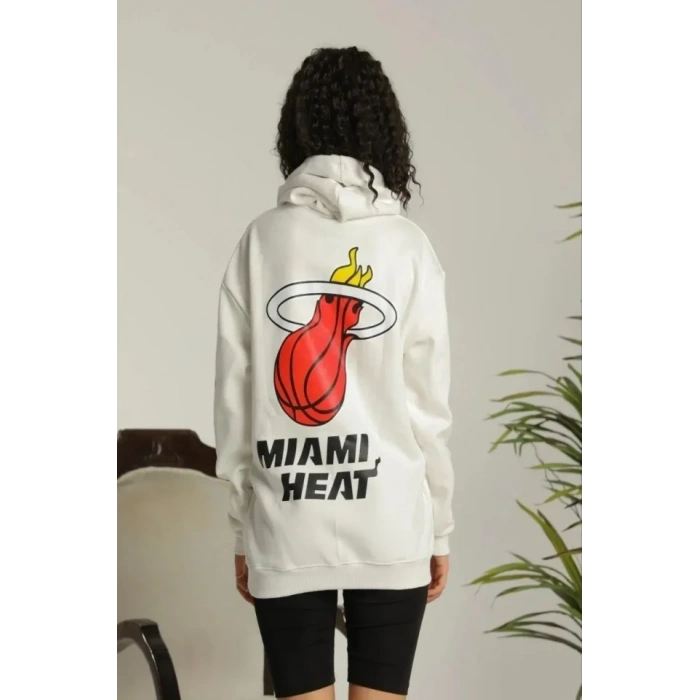 Sırt Baskılı Oversize Üç İplik Kapüşonlu Sweatshirt - Beyaz