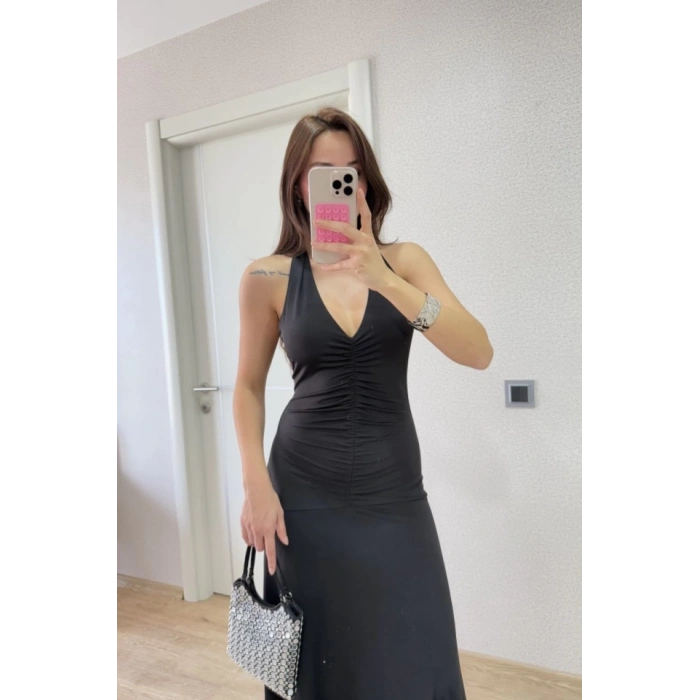 Sırt Dekolteli Uzun Kollu Elbise - Siyah