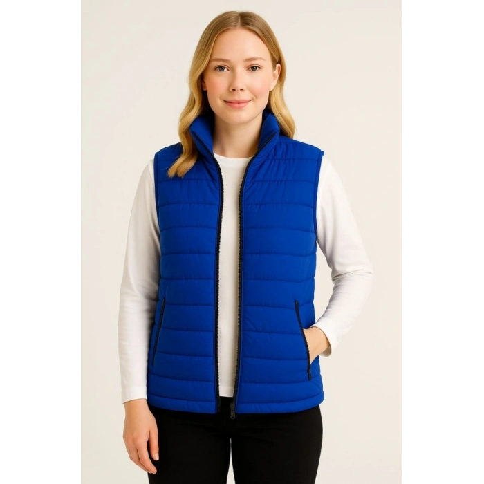 Şişme Fermuarlı Yelek Su Itici Kapitone Astarlı Kumaş Cepli Hafif Kışlık Spor Rahat Kalıp - Saks Mavisi