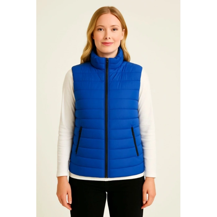 Şişme Fermuarlı Yelek Su Itici Kapitone Astarlı Kumaş Cepli Hafif Kışlık Spor Rahat Kalıp - Saks Mavisi