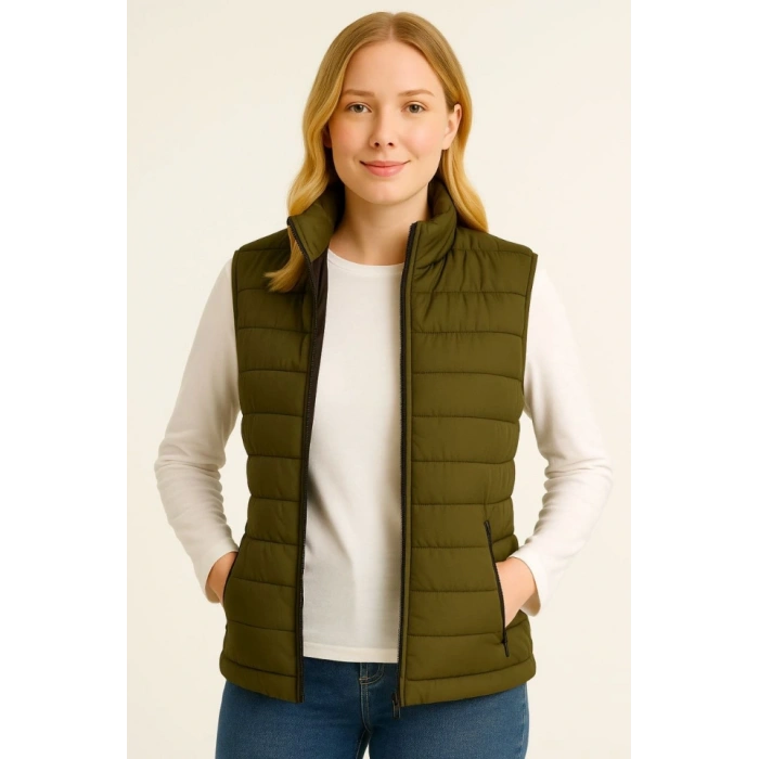 Şişme Fermuarlı Yelek Su Itici Kapitone Astarlı Kumaş Cepli Hafif Kışlık Spor Rahat Kalıp - Haki