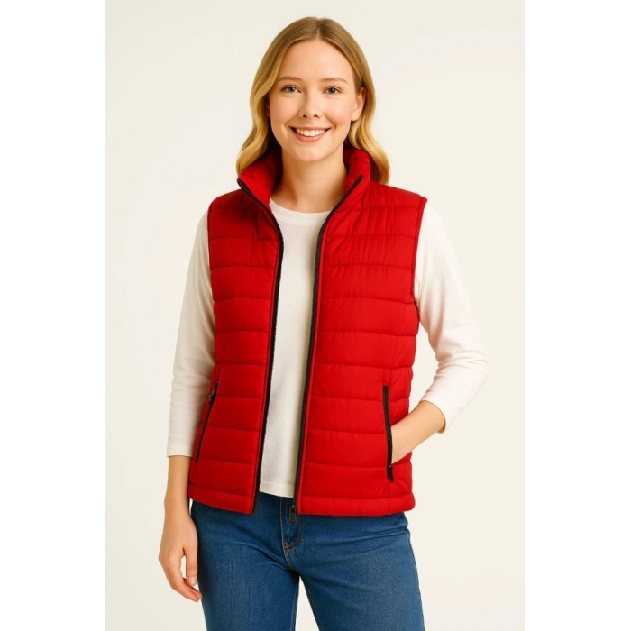 Şişme Fermuarlı Yelek Su Itici Kapitone Astarlı Kumaş Cepli Hafif Kışlık Spor Rahat Kalıp - Kırmızı