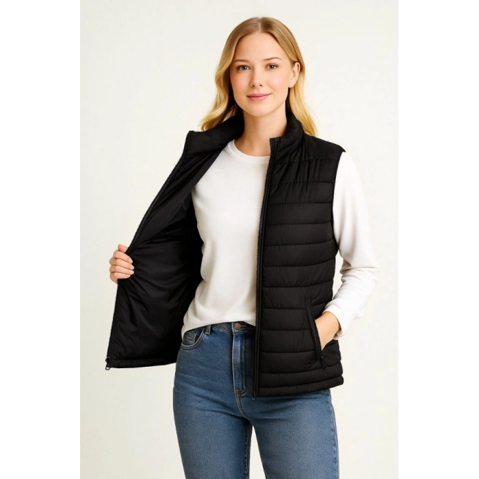 Şişme Fermuarlı Yelek Su Itici Kapitone Astarlı Kumaş Cepli Hafif Kışlık Spor Rahat Kalıp - Siyah