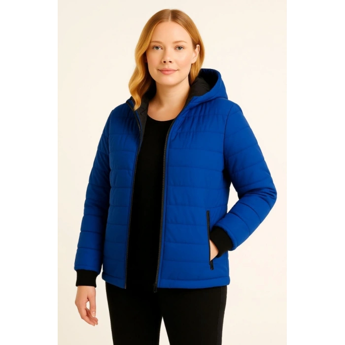 Şişme Kapüşonlu Fermuarlı Mont Su Itici Kapitone Astarlı Kumaş Cepli Kışlık Rahat Kalıp  - Saks Mavisi