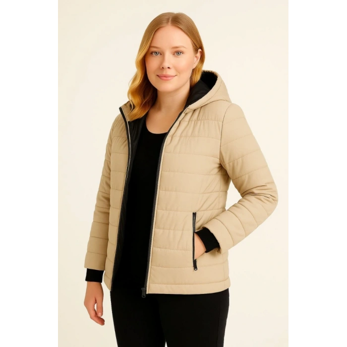 Şişme Kapüşonlu Fermuarlı Mont Su Itici Kapitone Astarlı Kumaş Cepli Kışlık Rahat Kalıp - Bej