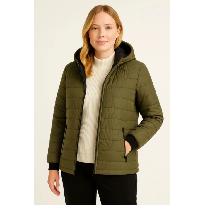 Şişme Kapüşonlu Fermuarlı Mont Su Itici Kapitone Astarlı Kumaş Cepli Kışlık Rahat Kalıp - Haki