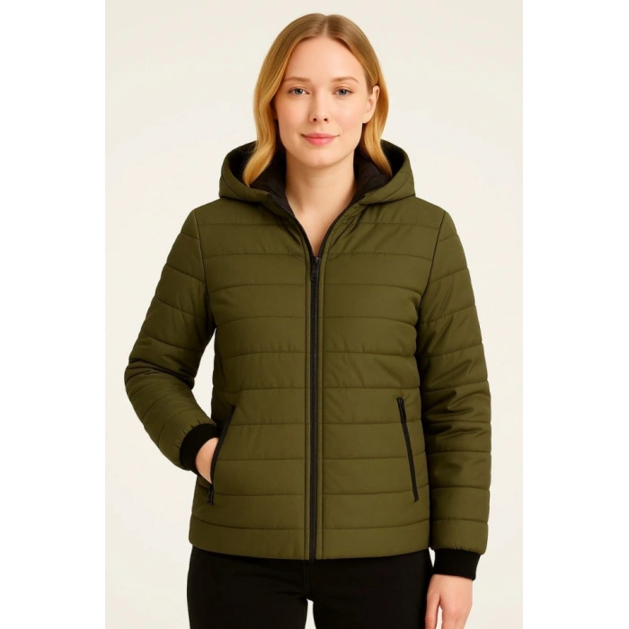 Şişme Kapüşonlu Fermuarlı Mont Su Itici Kapitone Astarlı Kumaş Cepli Kışlık Rahat Kalıp - Haki