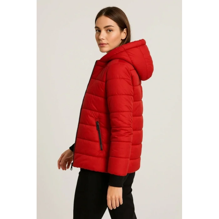 Şişme Kapüşonlu Fermuarlı Mont Su Itici Kapitone Astarlı Kumaş Cepli Kışlık Rahat Kalıp - Kırmızı