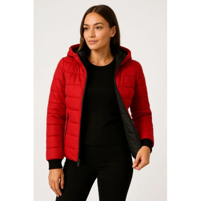 Şişme Kapüşonlu Fermuarlı Mont Su Itici Kapitone Astarlı Kumaş Cepli Kışlık Rahat Kalıp - Kırmızı