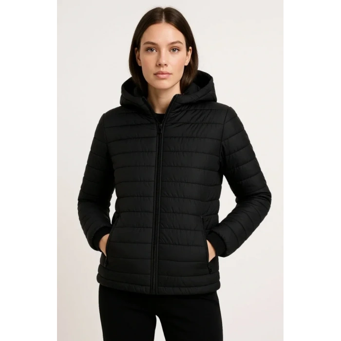 Şişme Kapüşonlu Fermuarlı Mont Su Itici Kapitone Astarlı Kumaş Cepli Kışlık Rahat Kalıp - Siyah