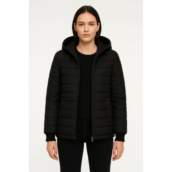 Şişme Kapüşonlu Fermuarlı Mont Su Itici Kapitone Astarlı Kumaş Cepli Kışlık Rahat Kalıp - Siyah