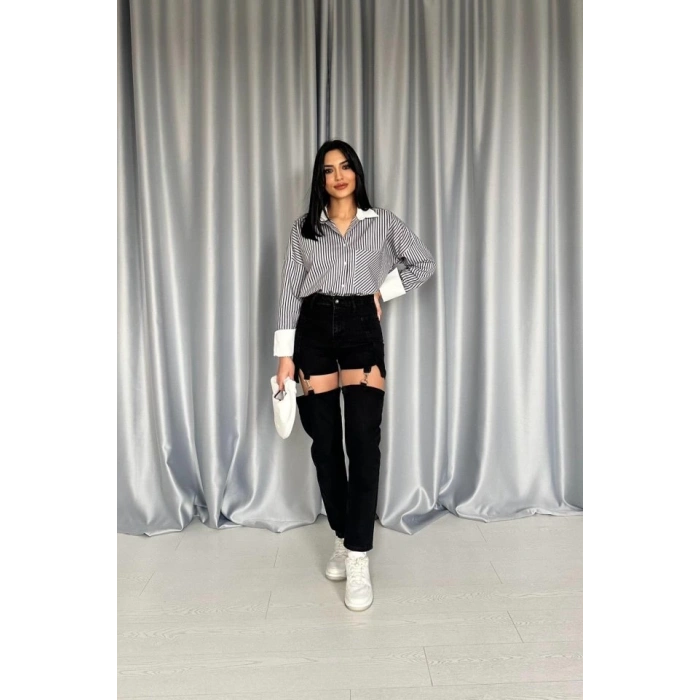 Siyah Askılı İki Parça Jeans Pantolon