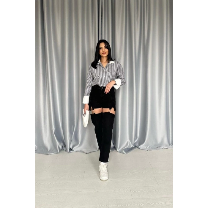 Siyah Askılı İki Parça Jeans Pantolon