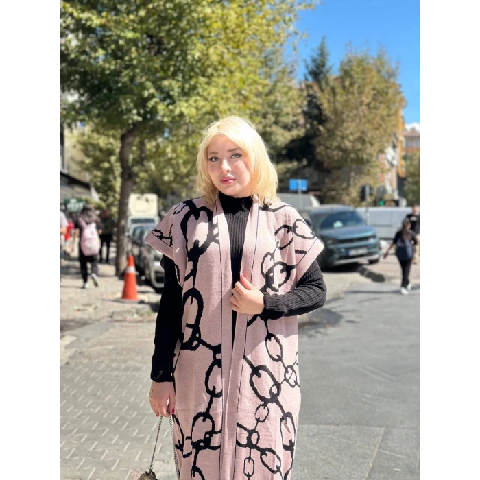 Siyah çizgi desenli elbiseli hırka takım pudra siyah