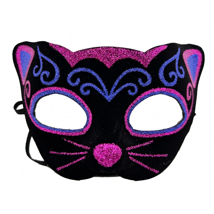 Siyah Kadife Kaplama Üzeri Pembe Mavi Sim İşlemeli Kedi Maskesi 20x13 cm (4940)
