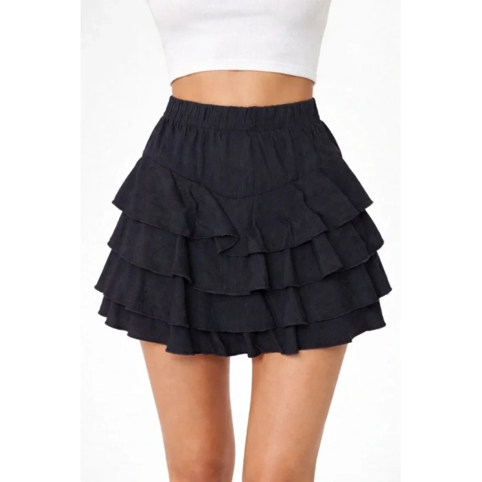 Siyah Katlı Mini Fırfıtlı Etek Lastikli Yüksel Bel, Volanlı Tasarım, Rahat Kalıp, Günlük Ve Şık Kombinelere Uygun Yazlık Etek - Siyah