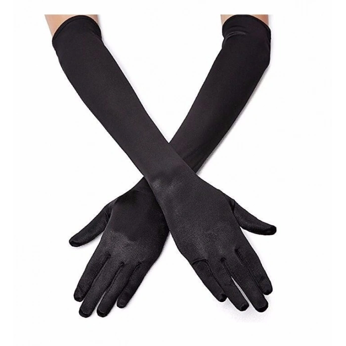 Siyah Renk Dirseğe Kadar Uzun Kumaş Eldiven (4940)