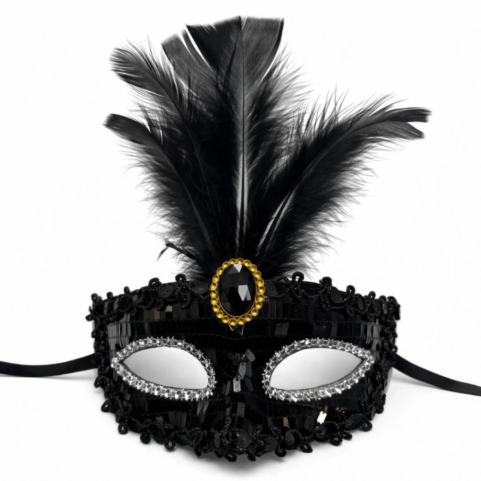 Siyah Renk Payetli Pullu Tüylü Parti Maskesi 17x20 cm (4940)