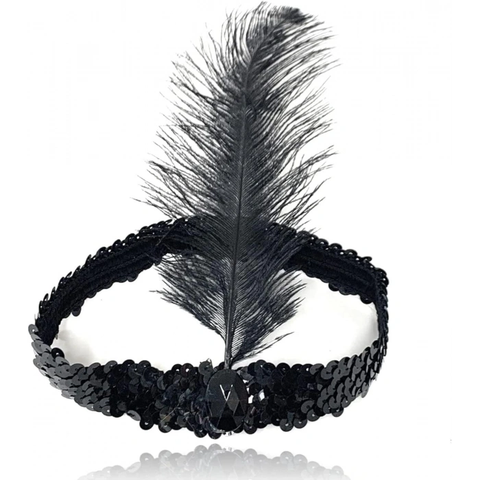 Siyah Renk Tüylü Çarliston Saç Bandı Kafa Bandı (4940)