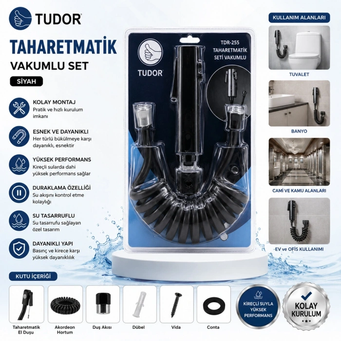 SİYAH TAHARATMATİK SETİ TAHARATMETİK EL DUŞU- HORTUM - MAFSAL VAKUMLU SET (4940)