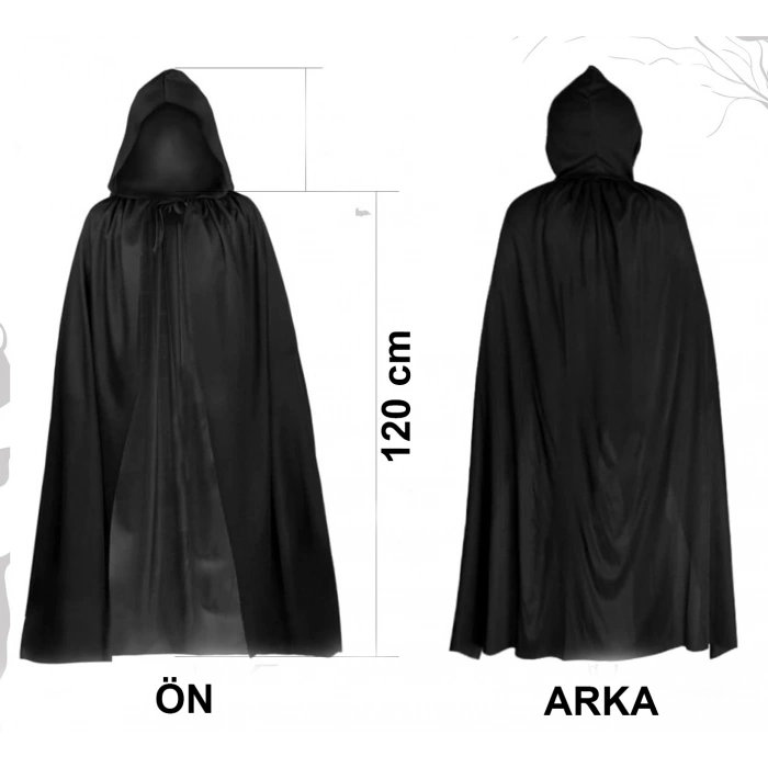 Siyah Uzun Pelerin 120 cm Kapüşonlu – Cosplay ve Parti Kostümü (4940)