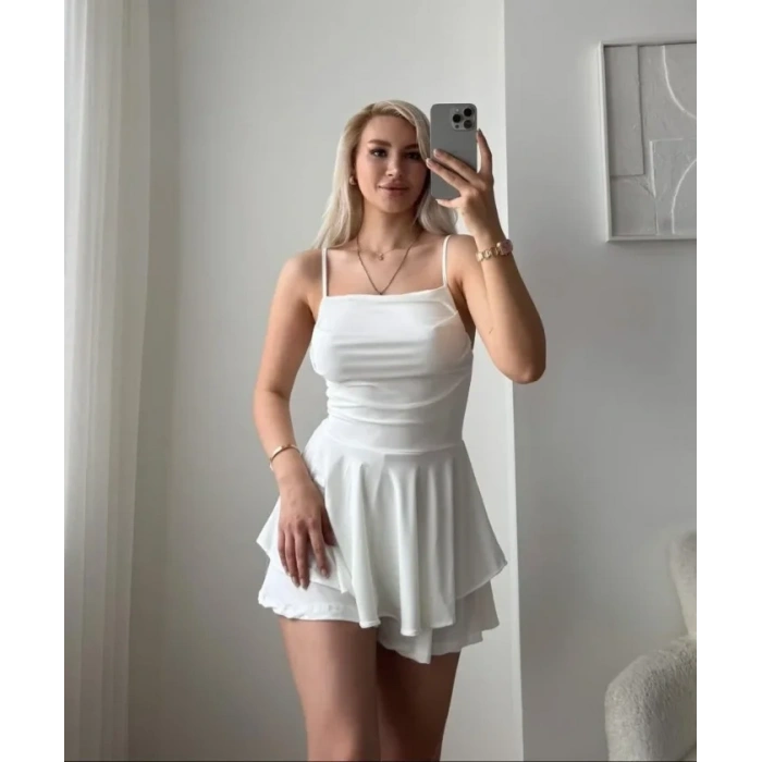 Straplez Mini Etek Görünümlü Şortlu Elbise Büzgülü Şık Yazlık - Beyaz