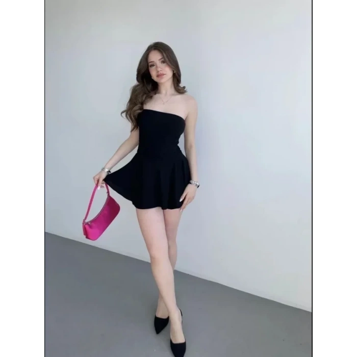 Straplez Mini Etek Görünümlü Şortlu Elbise Büzgülü Şık Yazlık - Siyah