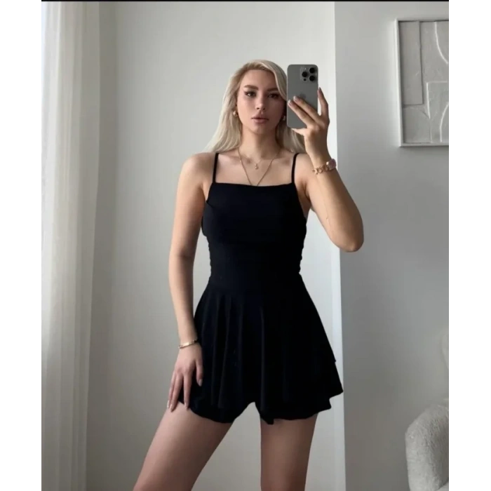 Straplez Mini Etek Görünümlü Şortlu Elbise Büzgülü Şık Yazlık - Siyah